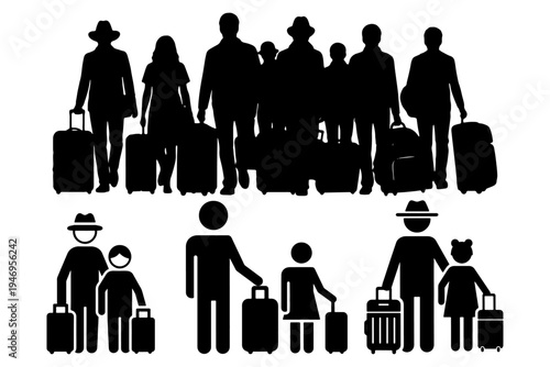 Travelers Standing with Luggage Simple Shapes Flat Vector Travel Concept Illustration