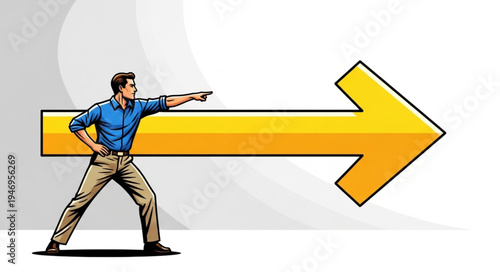 Man pointing at big arrow.