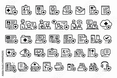 Collection of icons representing secure digital and office documents, tasks, and services