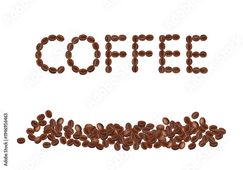 The word "coffee" is illustrated as a three-dimensional coffee bean isolated on a white background, with a pile of coffee beans below. This coffee symbol is suitable for design, decoration, branding.