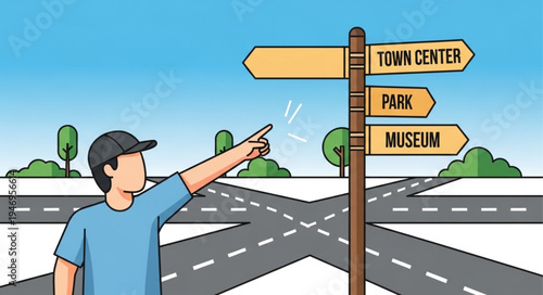 Man pointing at road sign.