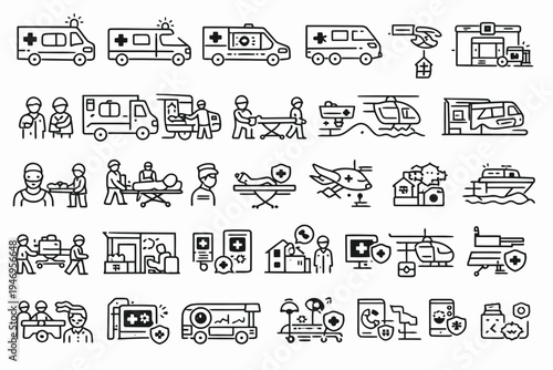 Illustrations of various emergency medical services and medical scenarios