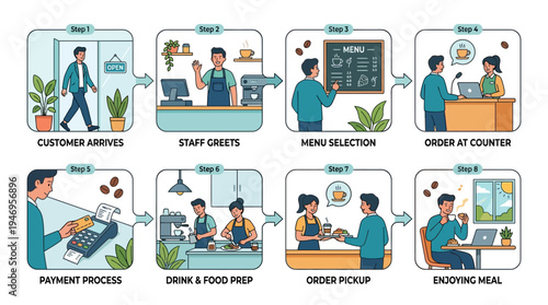 Modern Flat 2D Vector Illustration of a Coffee Shop Customer Journey A Step-by-Step Guide