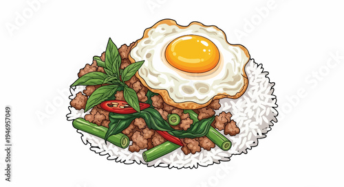 Vibrant cartoon illustration of a savory Thai dish featuring minced meat, rice, fresh basil, chili, and a fried egg