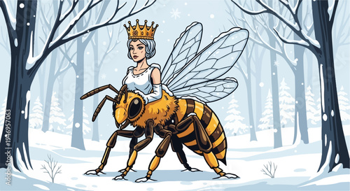 A cartoon-style fairy queen, wearing a crown, riding a giant striped bee through a snowy winter forest