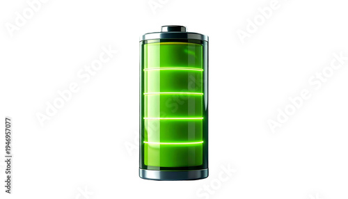 A digitally rendered battery icon showing charge levels with green illumination