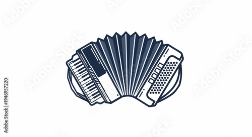 A stylized illustration of an accordion musical instrument with keys, bellows, and bass buttons