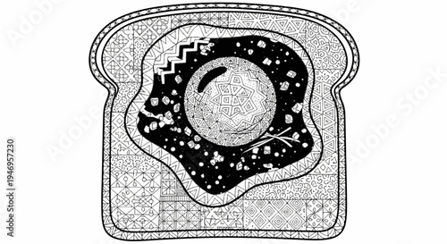 Monochromatic zentangle-style drawing of toast topped with an intricate fried egg pattern, abstract, food art