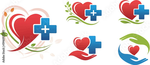 Six icons depicting health, wellness, and care hearts, medical crosses, leaves, and caring hands