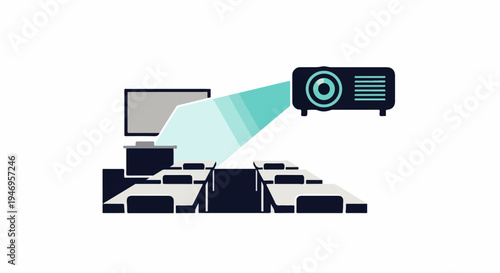 Illustration of a classroom setup with a projector casting light onto a screen and rows of desks