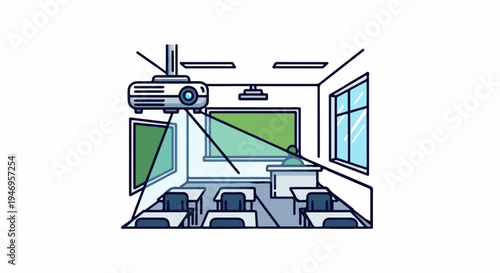 An empty classroom illustration with a projector casting light onto a screen, featuring desks, chairs, and a chalkboard