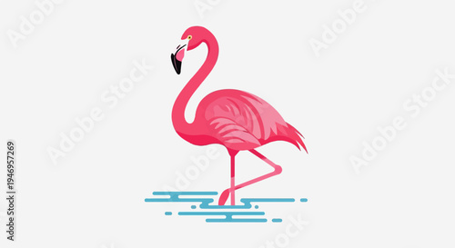 Stylized pink flamingo standing in blue water on a clean white background, vibrant illustration