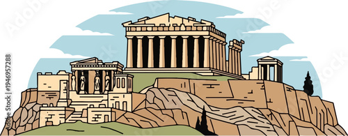 Illustration of classical Greek ruins on a rocky acropolis under a blue sky with stylized clouds