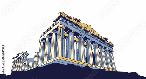 Stylized vector illustration of an ancient Greek temple with towering columns against a white background
