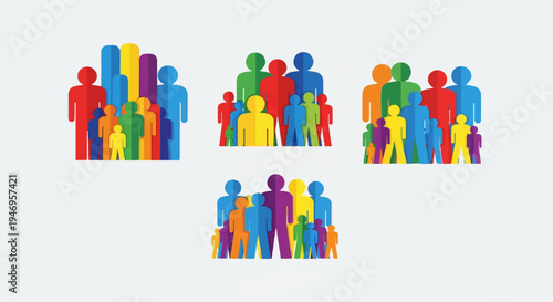 Colorful human figure silhouettes in various groups representing diversity, community, and social interaction