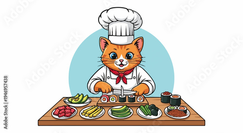 An illustration of an orange cat chef in a white toque and apron, preparing sushi on a wooden table