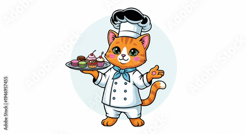 Cute cartoon orange tabby cat chef holding a tray of colorful pastries like macarons and cupcakes