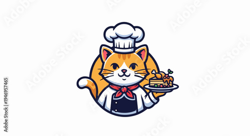 A cute cartoon orange cat chef wearing a toque and apron, holding a plate with roast chicken and cake