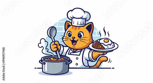 A happy cartoon cat chef in a toque and apron, cooking in a pot and serving a plate of food