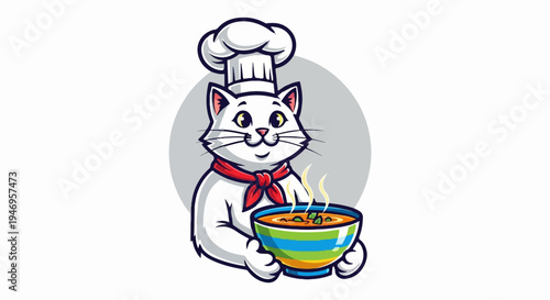 A friendly cartoon white cat chef, wearing a toque and red scarf, proudly holds a colorful steaming bowl of soup
