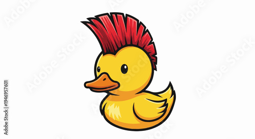 Cartoon yellow rubber duck with a spiky red mohawk hairstyle, floating against a plain white background