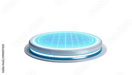 Sci-fi platform with grid, glowing blue light, elevated on a dark background