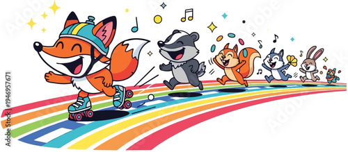 A playful group of diverse cartoon animals, led by a fox on roller skates, running on a rainbow road