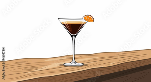 An illustrated martini glass with a dark drink, foamy top, and orange slice, on a wooden counter
