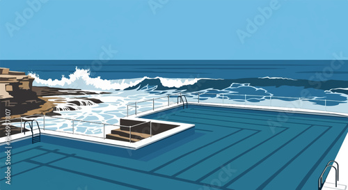 An outdoor ocean swimming pool by a rocky coast, with crashing waves under a clear blue sky, in pixel art style