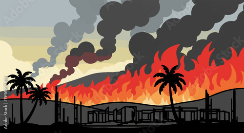 Stylized illustration of a wildfire consuming a landscape with palm trees and structures under a smoky sky
