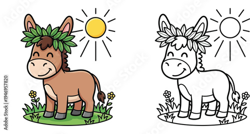 Cute Cartoon Donkey with Leaf Wreath Under Sun