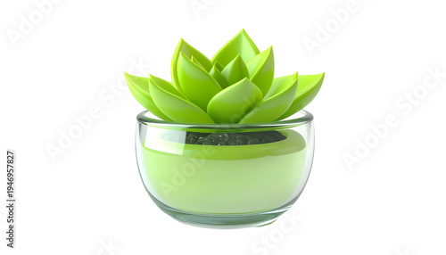 Vibrant 3D rendering of a green succulent plant in a clear glass pot