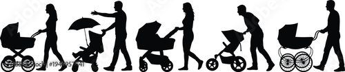 Parents walking with baby strollers silhouettes set with mother father and prams isolated on white background for family lifestyle design
