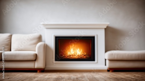 Fireplace creates warmth in a cozy living room with sofa in blurred background. Space offers room for text and design ideas