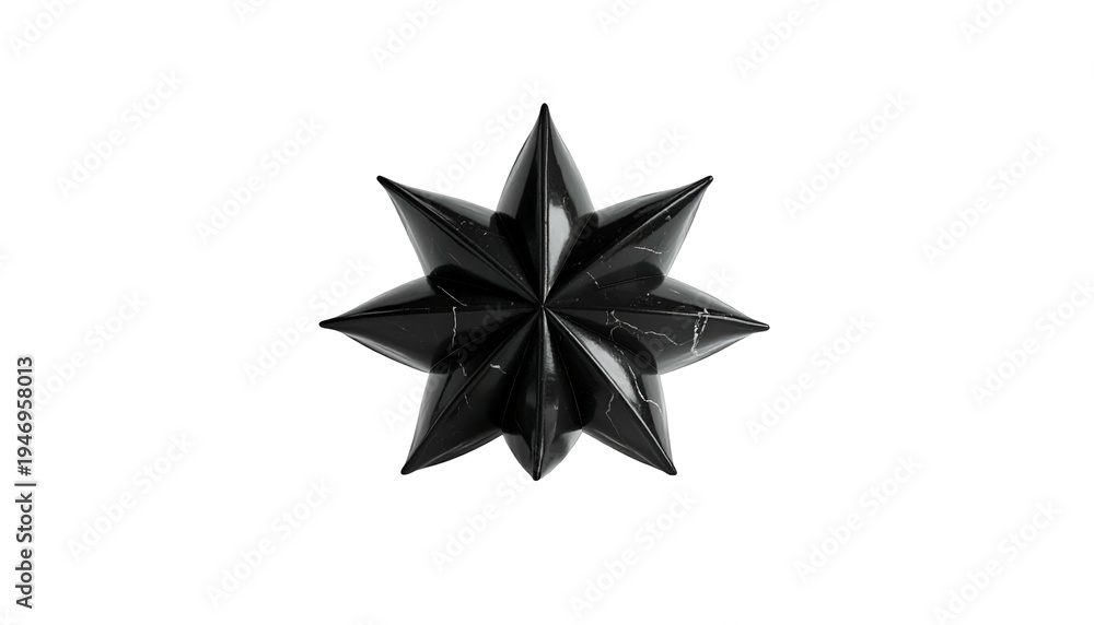 Obraz premium 3D rendered, eight-pointed star, with a glossy, black, marble-like finish, on black bg