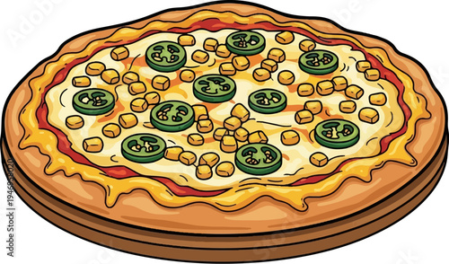 Vibrant cartoon pizza with spicy green slices and yellow toppings on a cheesy base, viewed from an angle