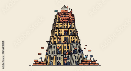 An illustration of a tall, multi-tiered tower under construction with many tiny figures building it