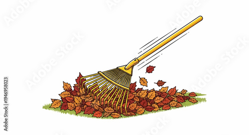 Yellow rake actively gathers a vibrant pile of red, orange, and brown autumn leaves on green grass