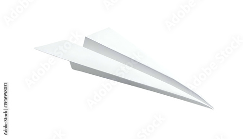 A white paper airplane in mid-flight against a black backdrop, sharply lit