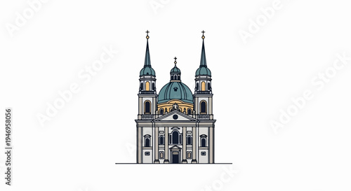 Detailed illustration of a majestic old European church-like building with a central dome and two tall spires