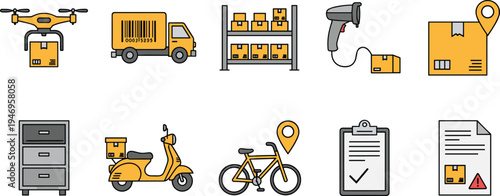 Set of logistics and delivery icons including drone, truck, warehouse shelves, scanner, scooter, and bicycle isolated on a white background,