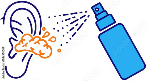 Illustration of an ear with earwax and a spray bottle cleaning it with droplets on a white background
