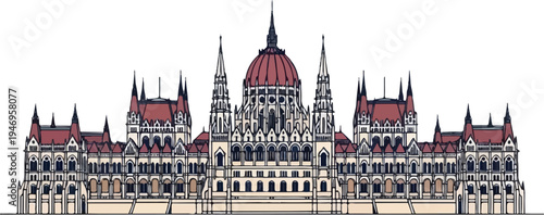 Grand, ornate Neo-Gothic style building with central dome, spires, turrets in simplified illustration