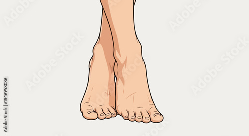 Cartoon illustration of two bare human feet, crossed at the ankles, against a plain light background