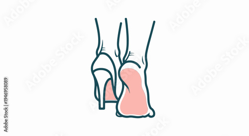 Stylized illustration of human legs, one wearing a high heel shoe, with prominent pink soles and ankles