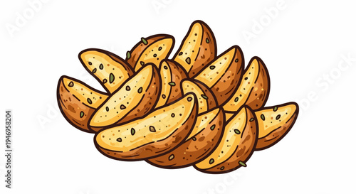 A heap of hand-drawn golden-brown potato wedges, seasoned with dark specks and green herbs