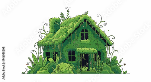 Charming pixel art illustration of a small house completely overgrown with lush green vines and foliage