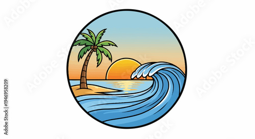 Stylized tropical beach scene with a palm tree on an island, a setting sun, and a large ocean wave