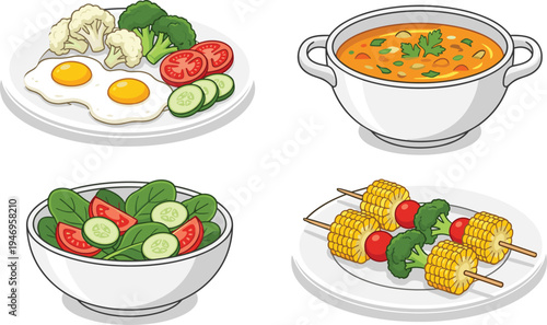 Healthy food set with fried eggs salad soup and vegetable skewers isolated on white background for diet nutrition and cooking design