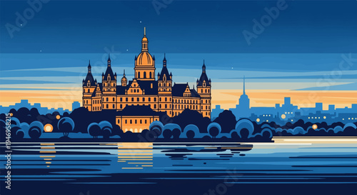 Majestic pixel art castle illuminated at sunset, reflected on serene lake waters with distant city